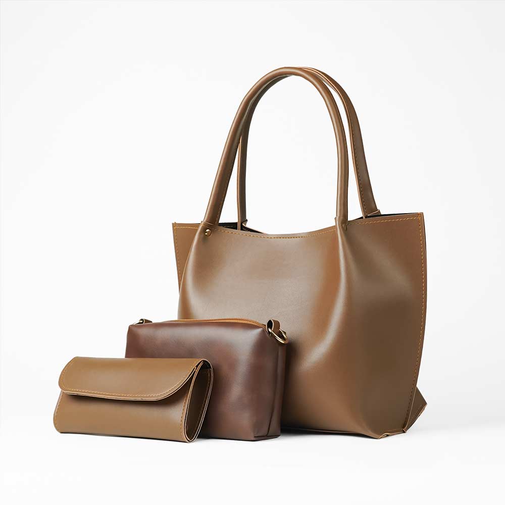 Plain Tote Set of 3 Bag Brown